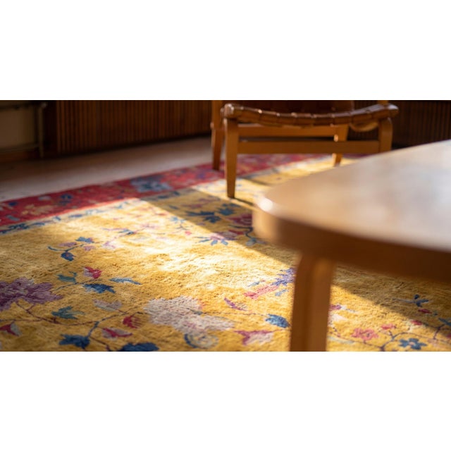 1920s Saffron Yellow Floral Antique Chinese Art Deco Rug 8' 9" X11' 2" Knotted Wool Carpet For Sale - Image 11 of 12