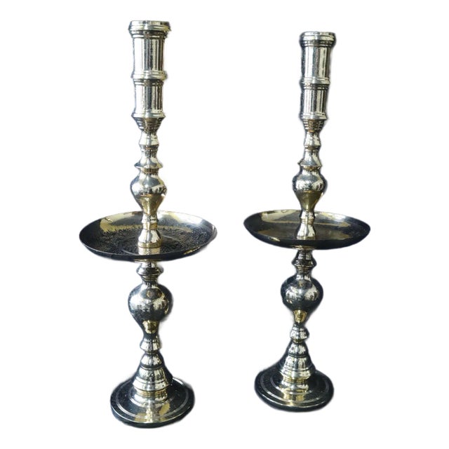 Pair of Large Brass Catholic Altar Candle Stands With Wax Catchers For Sale