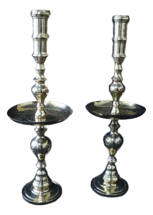 Pair of Large Brass Catholic Altar Candle Stands With Wax Catchers