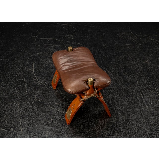 Moroccan Camel Saddle Stool in Stained Wood with Brass and Leather, 1980s For Sale - Image 9 of 18