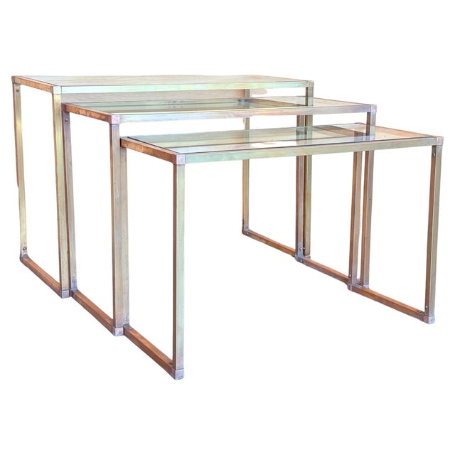 Set of Three Rectangular Nesting Tables, Italian Design 1970 in Brass For Sale - Image 10 of 18