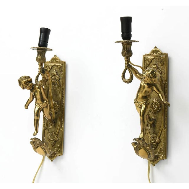 Pair Fine Italian Brevettato Cherub Brass Lighting Sconces For Sale - Image 10 of 11