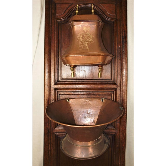 Late 19th Century Antique French Hammered Copper & Lavabo Wall Hanging Fountain & Basin Mounted on Door For Sale - Image 5 of 11