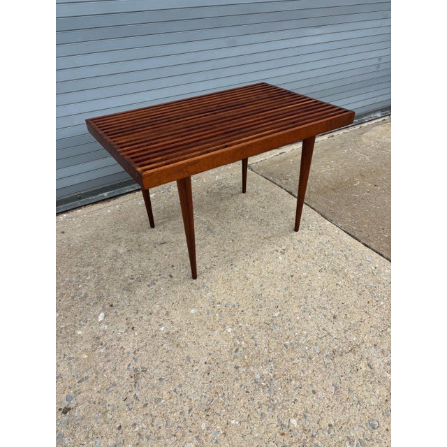 Chocolate Vintage Small Slatted Bench on Tapered Legs by Mel Smilow For Sale - Image 8 of 9