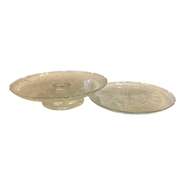 Vintage French Floral Glass Cake Stand & Pie Plate- Set of 2 For Sale