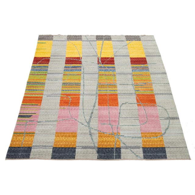 Turkish Modern Turkish Hand Loom Gray Wool Rug With Multicolor Abstract Design For Sale - Image 3 of 12