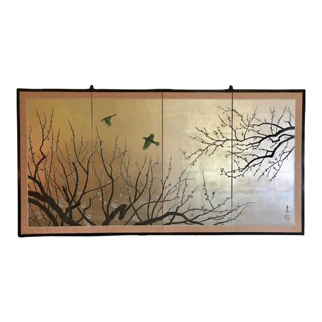 C.1970's Vintage Japanese Byobu Silk Screen Gilt Gold & Silver Leaf & Hand-Painted 4-Panel Wall Screen For Sale