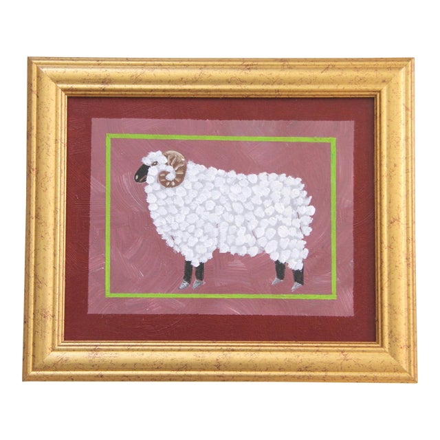 Cleo Plowden Folk Art Ram Sheep Minimalism AmericanWhite Mauve Oiginal Oil Painting For Sale