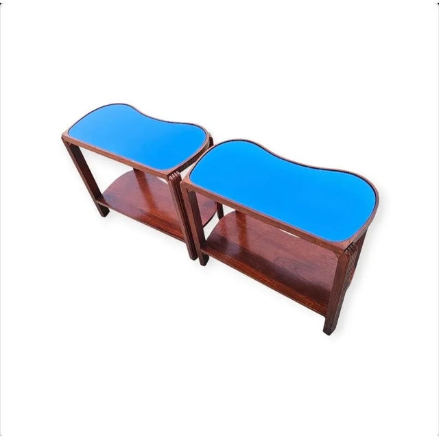 Mid-Century Modern Pair of 1930s Art Deco Cobalt Blue Mirror Glass Tops Lamp Side Tables For Sale - Image 3 of 12