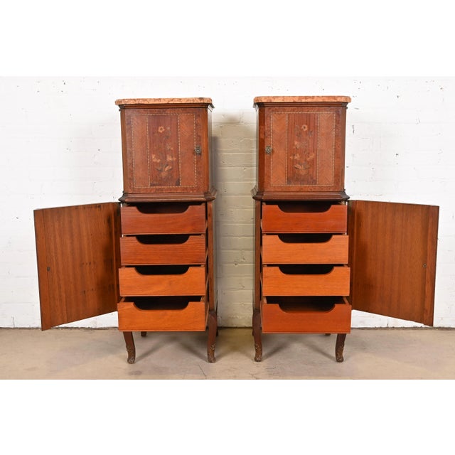 Wood French Louis XV Kingwood Inlaid Marquetry Marble Top Lingerie Chests, Pair For Sale - Image 7 of 12