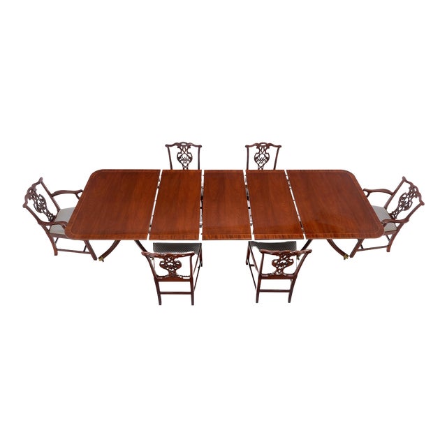 Baker Charleston Collection Mahogany Banded Dining Table 6 Chairs Set - Set of 7 For Sale