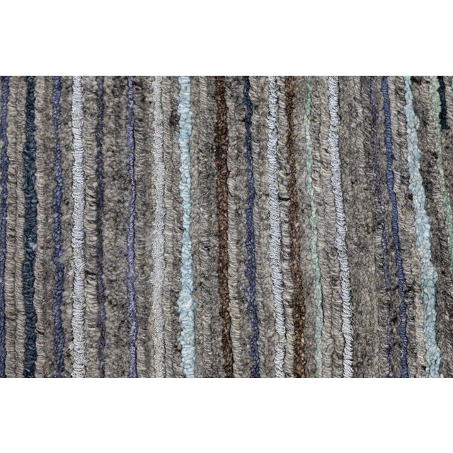 Modern Hand-Knotted Indian Wool Area Rug – Earth Tone Linear Stripe Design 12x15 For Sale In New York - Image 6 of 11