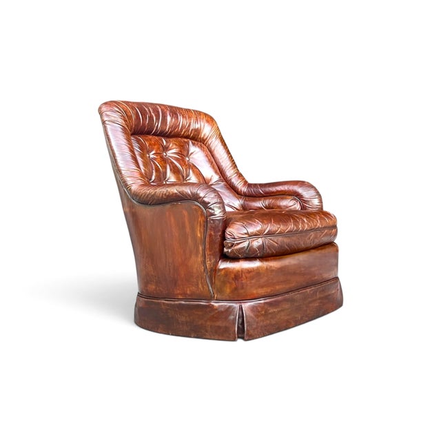 Mid-Century Modern Vintage 1970s Drexel Heritage Brown Leather Button-Tufted Swivel-Tilt Lounge Chair For Sale - Image 3 of 16