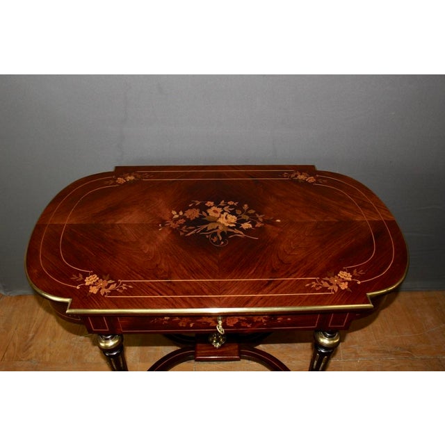 Living room or Louis XVI style desk in scorching marquetry decorated with flowers, it opens with a drawer, brass...