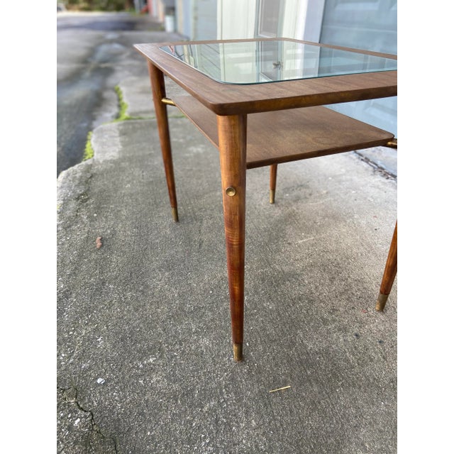 Vintage Walnut Side Table with Inset Glass Top + Brass Finials For Sale - Image 10 of 13