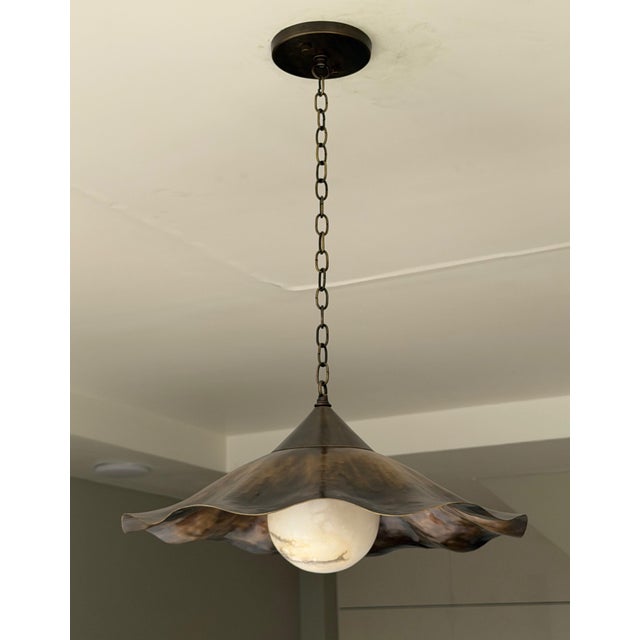 Metal Ruffle Brass Pendant Light, Wavy Kitchen Island Lamp With Alabaster Globe For Sale - Image 7 of 15