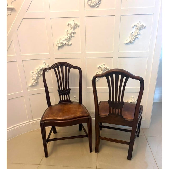 Late 19th Century Antique Victorian Hepplewhite Mahogany Shield Back Dining Chairs with Carvers in Tan Leather, 1890, Set of 8 For Sale - Image 5 of 18