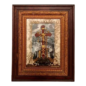 Antique Victorian Shadowbox With Religious Crucifix Scene, C. 1850's