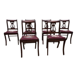 Early 20th Century Set of 6 Antique Duncan Phyfe Style Mahogany Lyre Hard Back and Needlepoint Seat Dining Chairs For Sale