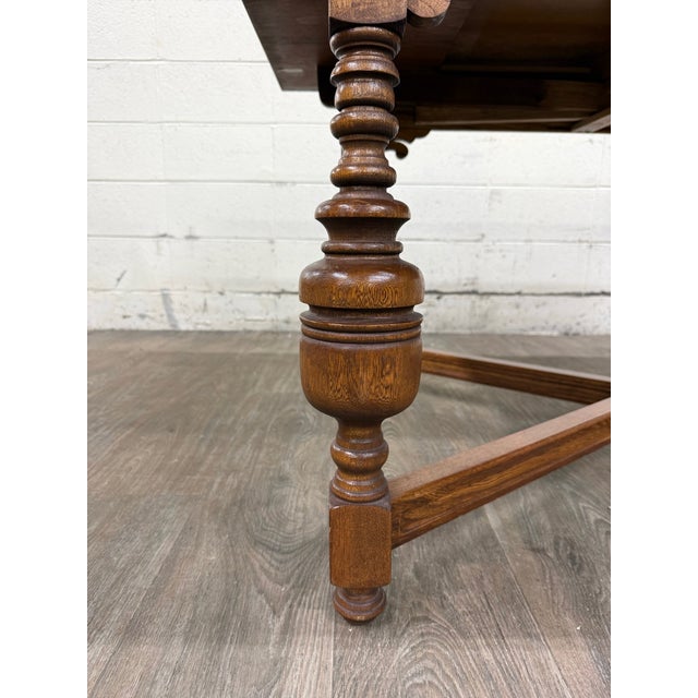 Late 20th Century Vintage Old English Tudor Jacobean Revival Style Oak Draw Leaf Dining Table For Sale - Image 5 of 18