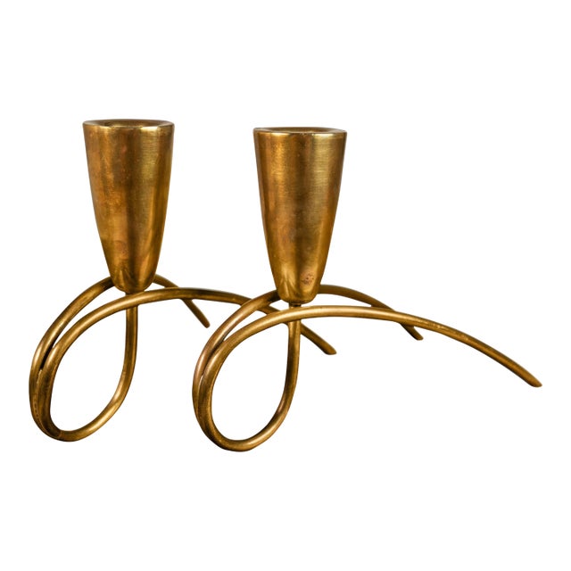 Set of 2 Mid-Century Modern Bauhaus Solid Brass Candlestick Holders Attributed to Günter Kupetz, Germany, Circa 1950s For Sale