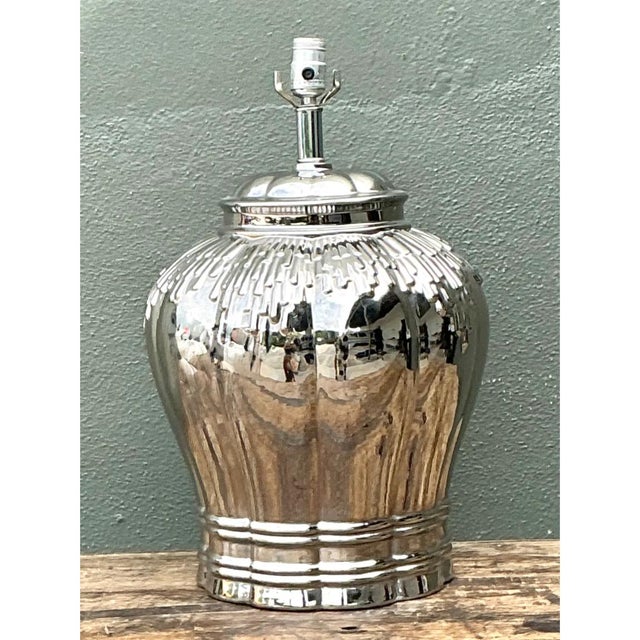 Vintage Silver Mirror Finish Glazed Ceramic Lamp For Sale - Image 9 of 12
