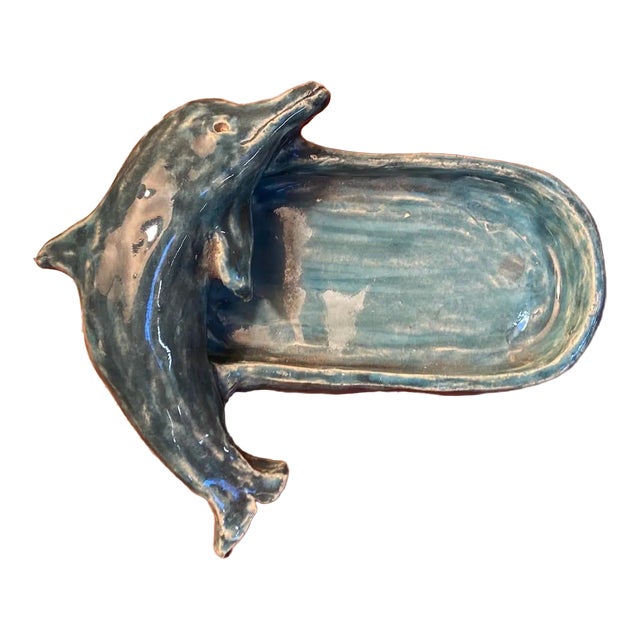 Glazed Ceramic Blue Dolphin Soap Dish 20th C. For Sale