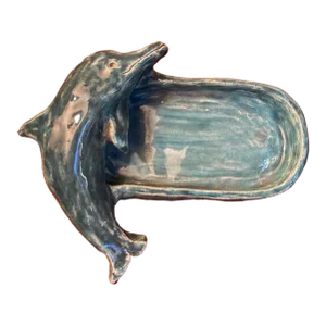 Glazed Ceramic Blue Dolphin Soap Dish 20th C.