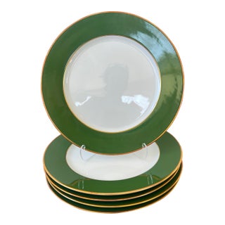 Limoges France J. Seignolles Chamart Green and 18k Gold Pinstripe Dinner Plate Set of 5 - Stamped For Sale