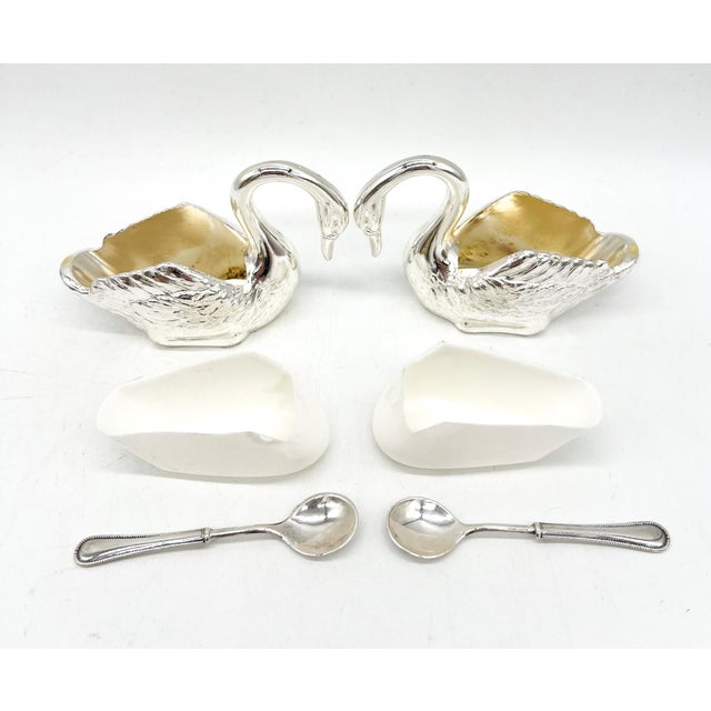 Mid 20th Century Venetian Italian Silver Plated Swan Salt Cellars With Tray & Spoons — Hollywood Regency, Mid-Century Silverplate - Set of 6 For Sale In Houston - Image 6 of 16