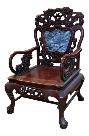 Antique Chinese Peranakan Dragons Rosewood Arm Chair With Marble Insert
