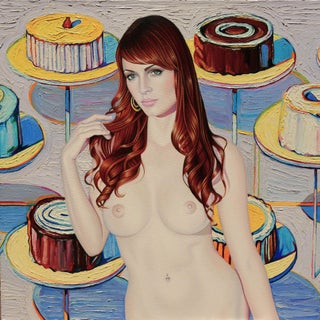 Angel Food by Suzy Smith | Oil on Panel Portrait of a woman with cakes in the background For Sale