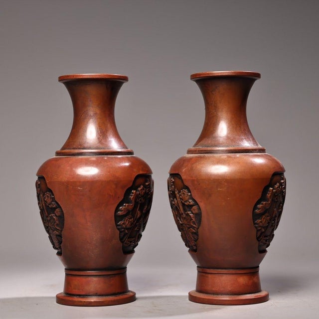 Metal Vintage Pair Solid Copper Vases, Hand Chased High Relief Fu Character & Lotus Motifs, Chinoiserie Matching Vase Set For Sale - Image 7 of 7