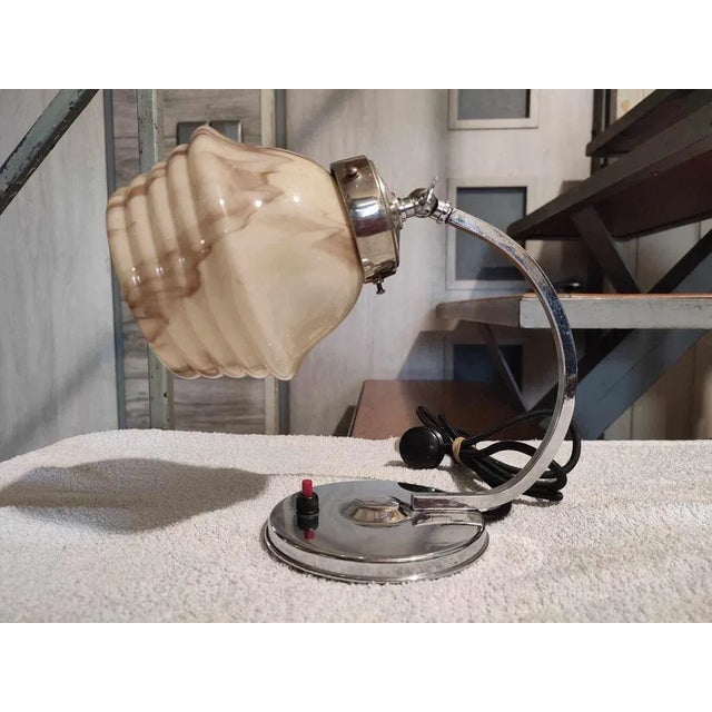 Art Deco Nickel-Plated Brass Lamp with Marble Shade, 1920s For Sale - Image 3 of 8