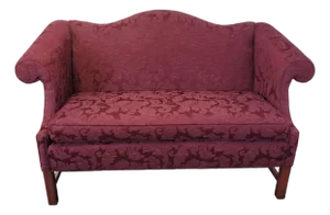 Custom Camelback Settee With Rolled Arms in Burgundy Damask