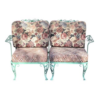 Vintage Woodard Wrought Iron 2-Piece Outdoor Loveseat with Floral Cushions For Sale