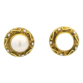 Italian 18k Gold Mabe Pearl & Diamond Earrings, Circa 1980, Pair For Sale