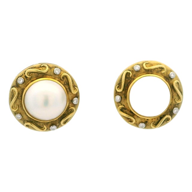 Italian 18k Gold Mabe Pearl & Diamond Earrings, Circa 1980, Pair For Sale