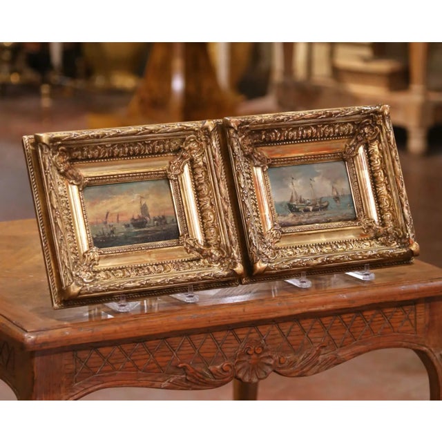 This charming pair of 19th-century French marine oil paintings was executed on panel circa 1870. Each small-scale...