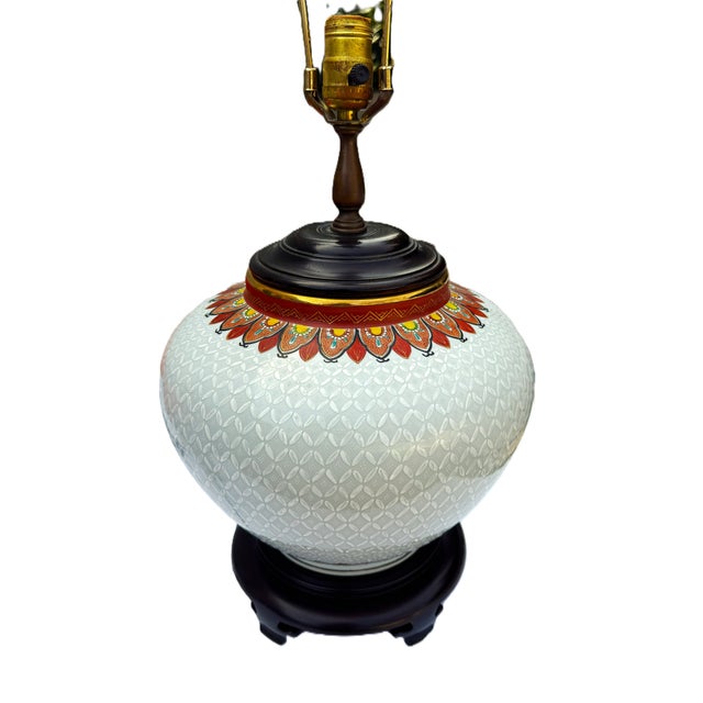Wildwood Mid‑Century Ceramic Lamp With Carved Wood Base, Hand‑Painted For Sale - Image 14 of 14