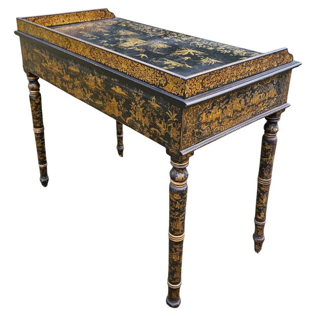 Paint Anglo-Chinese Rarity: Early 19th-Century Chinese Export Black Lacquer Writing Desk, Canton, Circa 1820 For Sale - Image 7 of 18