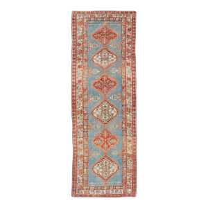 Antique Hand-Knotted Sarab Runner With Sub-Geometric Design in Red, Blue & Ivory 3'2"x10'2"