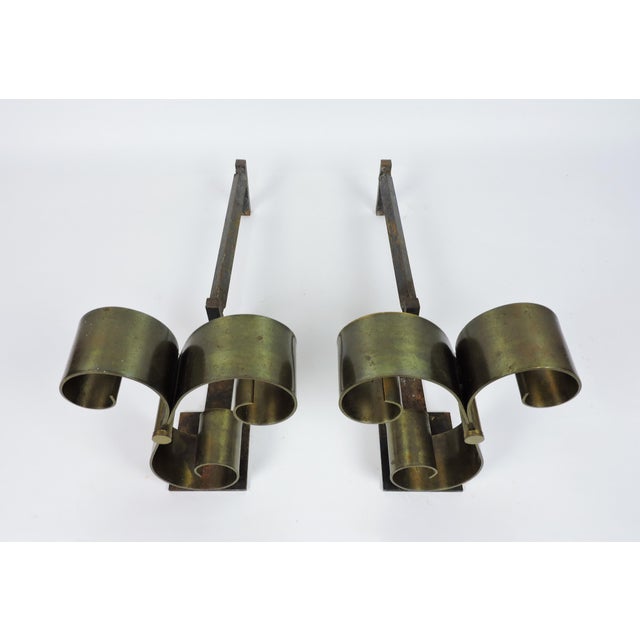 Pair of Mid Century Modern Brass Scroll Andirons in the Style of Raymond Subes For Sale - Image 10 of 11