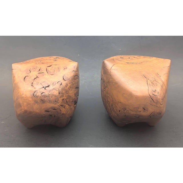 Offered is a pair of handcrafted carved and lathed burl wood abstract animal figurines - possibly pigs, hedgehogs, or...