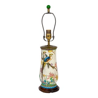 Early 20th Century Crackle Glaze Ceramic Lamp With Painted Peacock & Flower Scene For Sale