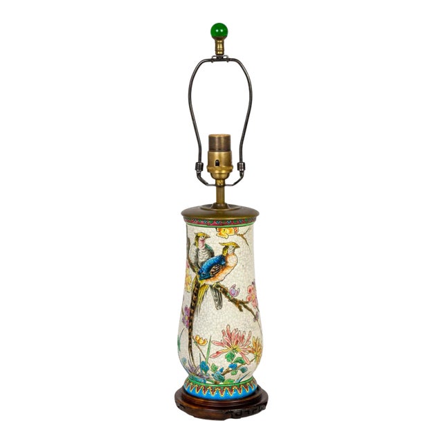Early 20th Century Crackle Glaze Ceramic Lamp With Painted Peacock & Flower Scene For Sale