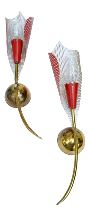 Mathieu Matégot Sconces Brass & Red Metal Mesh Shades France 60s Wall Lamps Pair