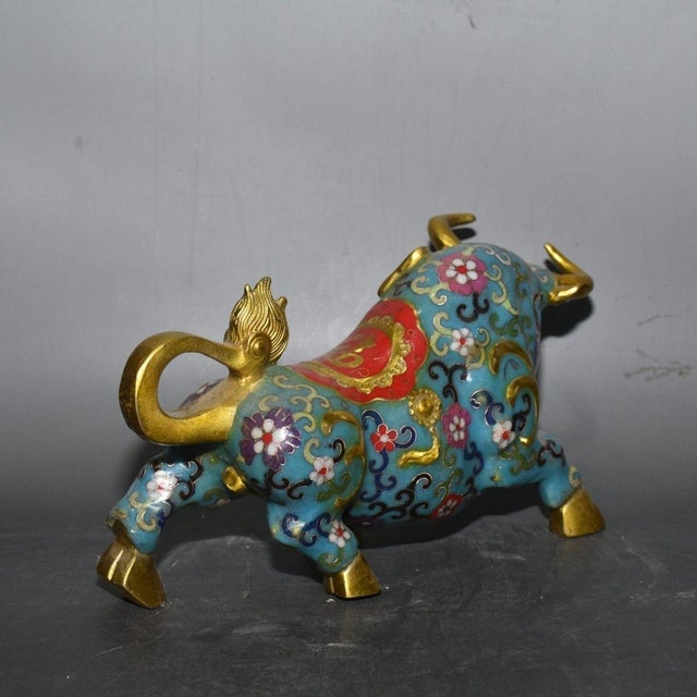 Vintage Cloisonne Enamel Bull Figurine – 11" Gilt Ox Sculpture With Floral Motif For Sale - Image 15 of 18