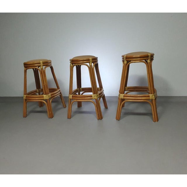 Bamboo Stools with Leather Seats, 1970s, Set of 3 For Sale - Image 4 of 15