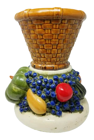 Vintage Topiary Porcelain Fruit Plant Stand With Basket Weave Cache Pot